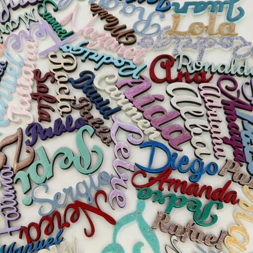 vista desde arriba de muchos nombres pequeñitos multicolor personalizados para relieve