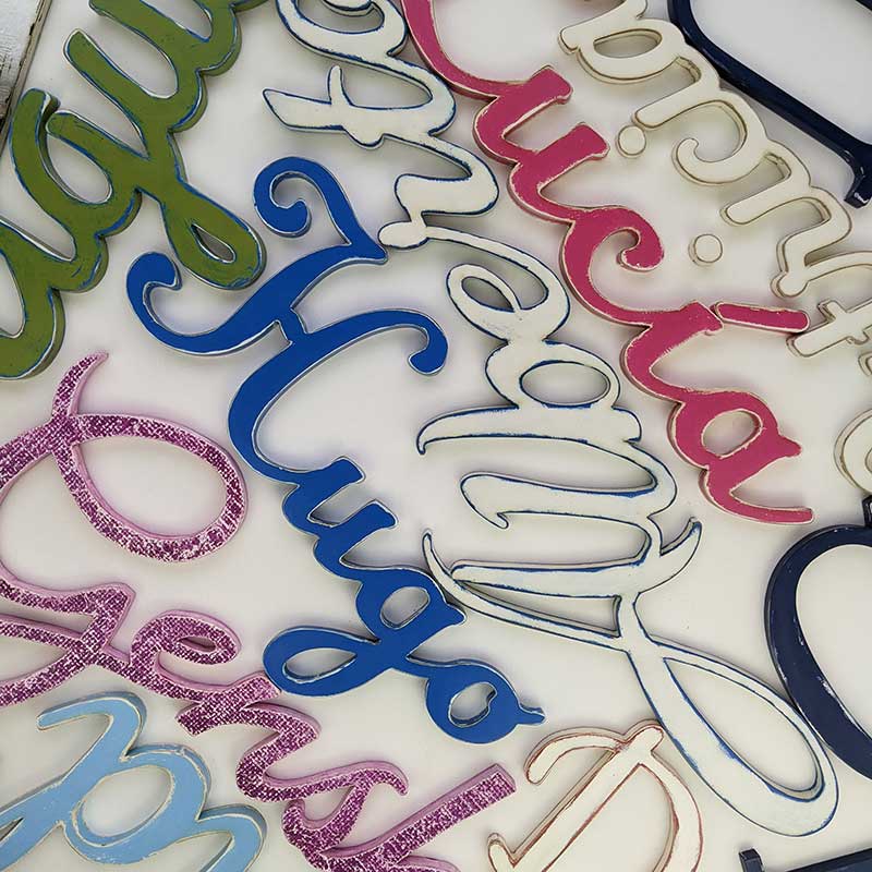 vista desde arriba de nombres propios de varios colores estilo envejecido sobre fondo blanco