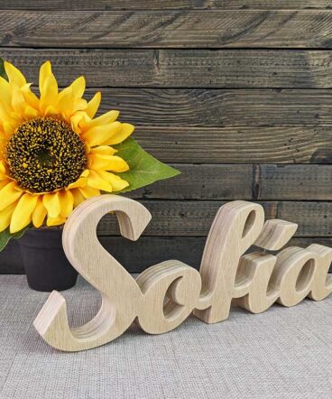 nombre Sofía hecho en madera natural sobre fondo de tablas oscuras y flor amarilla al fondo